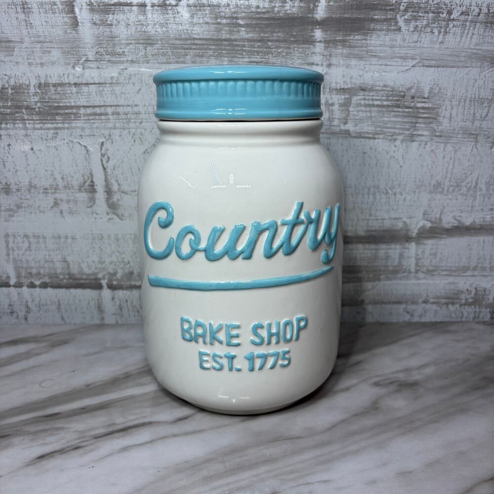 Country Bake Shop Blue Ceramic Mason Jar Cookie Canister